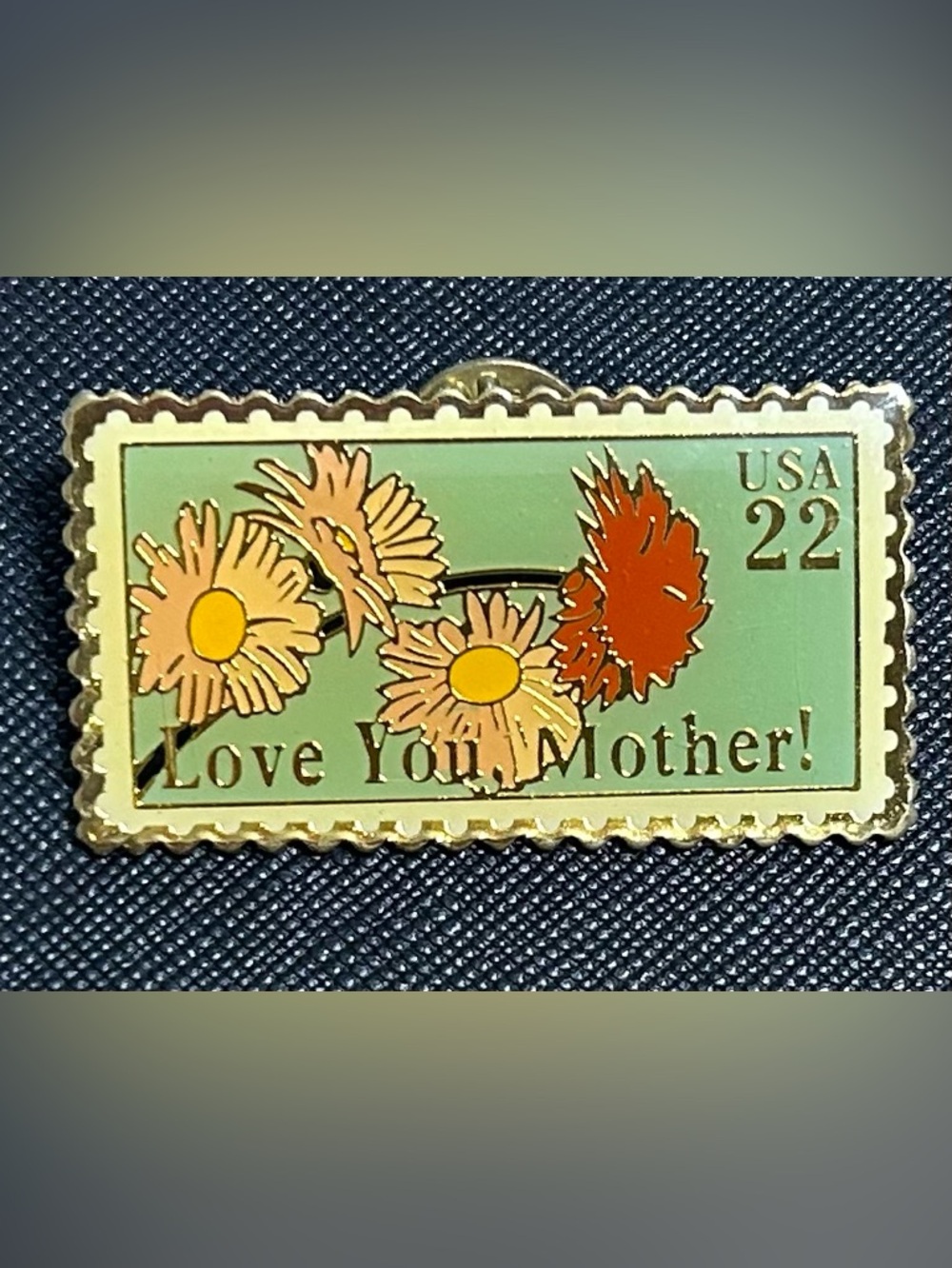 Love You Mother USPS postage 22 cents stamp goldtone floral vintage Lapel Pin